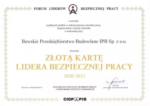 Złota Karta Liderów Bezpiecznej Pracy dla Iławskie Przedsiębiorstwo Budowlane IPB Sp. z o.o